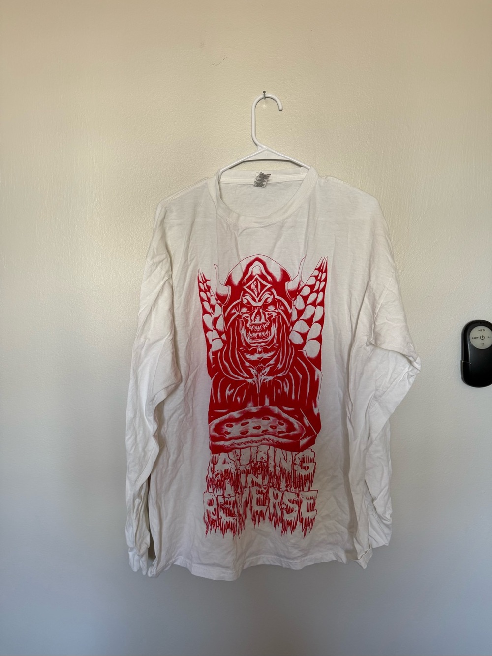 White Long-Sleeve Graphic Tee with Red Horror Print